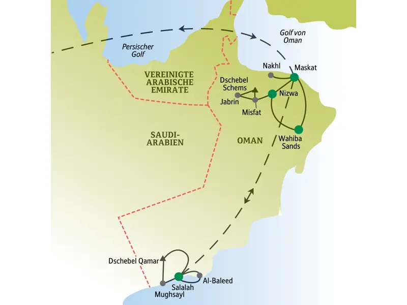 Karte der Oman Singlereise: Route von Maskat über Nizwa und die Wahiba Sands Wüste bis nach Salalah im Süden des Landes.