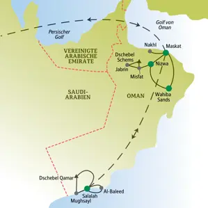 Karte der Oman Singlereise: Route von Maskat über Nizwa und die Wahiba Sands Wüste bis nach Salalah im Süden des Landes.