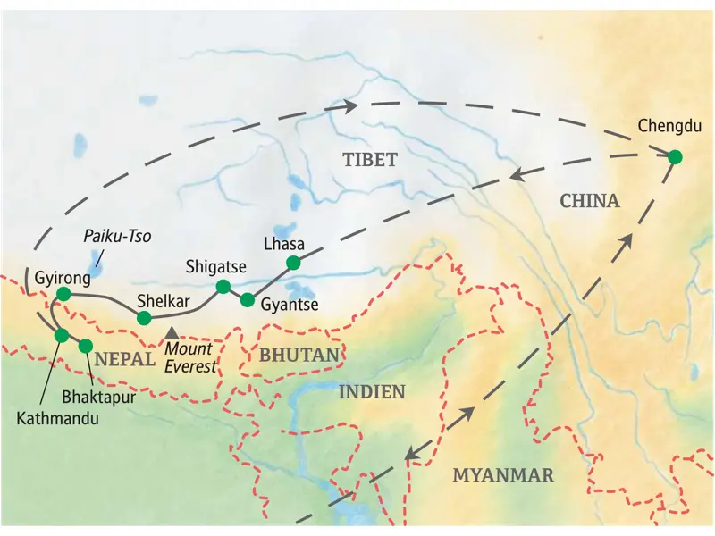 Karte der Studienreise durch Tibet und Nepal: Route von Lhasa über den Himalaya nahe Mount Everest nach Kathmandu.
