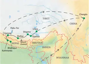 Karte der Studienreise durch Tibet und Nepal: Route von Lhasa über den Himalaya nahe Mount Everest nach Kathmandu.
