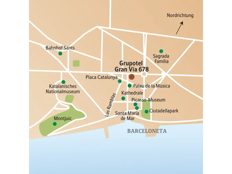 Lageplan der Studienreise Barcelona: Das Hotel liegt zentral zu Highlights wie der Sagrada Família, dem Picasso-Museum und Montjuic.