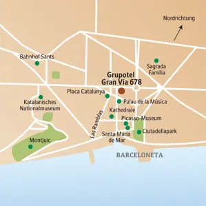 Lageplan der Studienreise Barcelona: Das Hotel liegt zentral zu Highlights wie der Sagrada Família, dem Picasso-Museum und Montjuic.