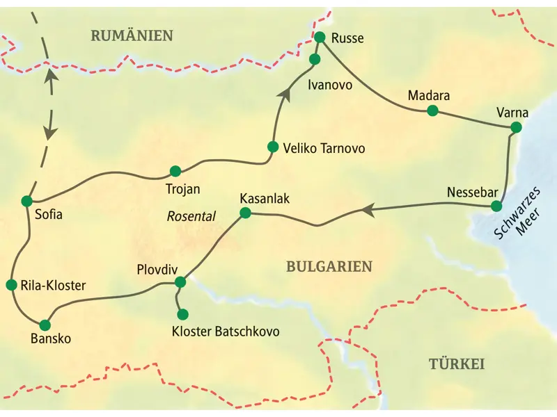 Karte der Studiosus-Studienreise in Bulgarien: Die Route führt von Sofia über Veliko Tarnovo, Varna am Schwarzen Meer und Plovdiv.