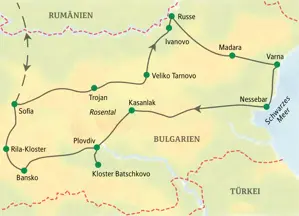 Karte der Studiosus-Studienreise in Bulgarien: Die Route führt von Sofia über Veliko Tarnovo, Varna am Schwarzen Meer und Plovdiv.