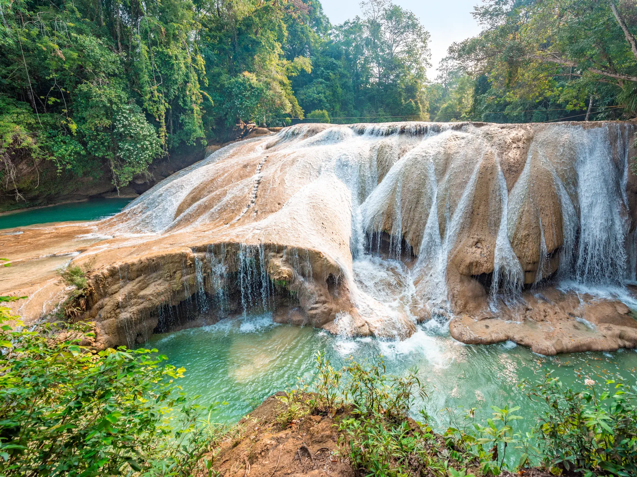 Breite Kaskaden der Wasserfälle von Roberto Barrios stürzen in türkise Naturpools, umgeben von dichtem Regenwald in Mexiko.