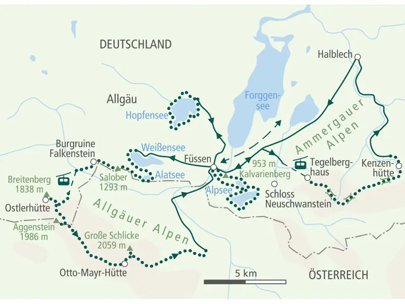 Karte der Hauser Hüttenwanderung im Ostallgäu. Die Route führt von Füssen über die Ostlerhütte, den Aggenstein und die Große Schlicke.