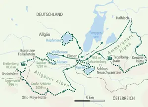 Karte der Hauser Hüttenwanderung im Ostallgäu. Die Route führt von Füssen über die Ostlerhütte, den Aggenstein und die Große Schlicke.
