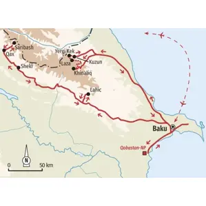 Reiseroute der Trekkingreise in Aserbaidschan von Baku zum Shahdag, in die Region Qax und zum Nationalpark Qobustan.