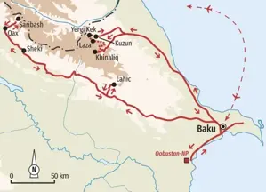 Reiseroute der Trekkingreise in Aserbaidschan von Baku zum Shahdag, in die Region Qax und zum Nationalpark Qobustan.