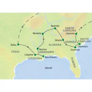 Studienreise Südstaaten USA: Karte der Route von Dallas über New Orleans, Memphis, Nashville, Atlanta, Savannah nach Charlotte.