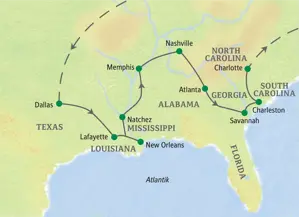 Studienreise Südstaaten USA: Karte der Route von Dallas über New Orleans, Memphis, Nashville, Atlanta, Savannah nach Charlotte.