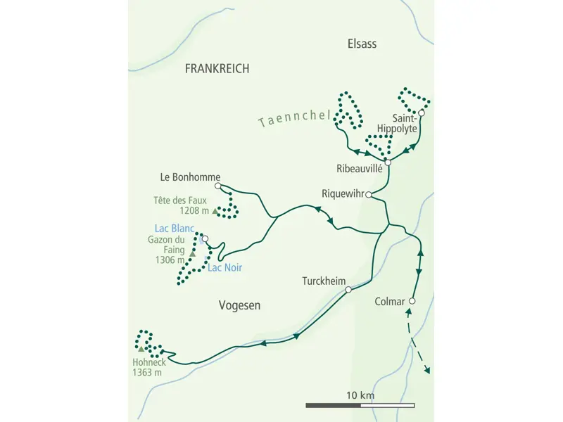Karte der Wanderreise im Elsass: Routenverlauf in den Vogesen mit Start in Colmar und Wanderungen um Riquewihr zum Hohneck.