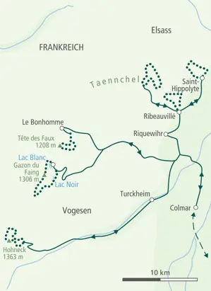 Karte der Wanderreise im Elsass: Routenverlauf in den Vogesen mit Start in Colmar und Wanderungen um Riquewihr zum Hohneck.