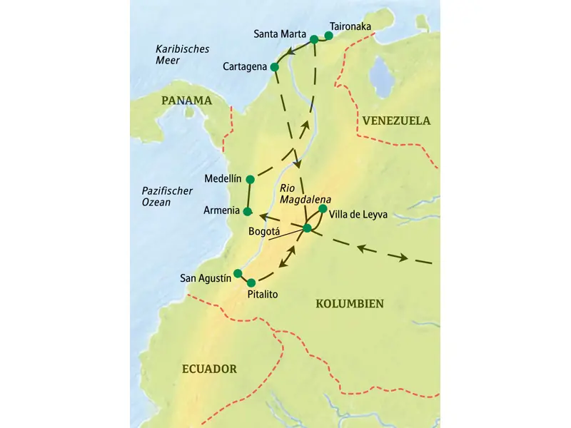 Reiseroute der Studiosus-Reise durch Kolumbien: von Bogotá nach San Agustín, Medellín und an die Karibikküste nach Cartagena.