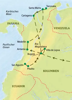 Reiseroute der Studiosus-Reise durch Kolumbien: von Bogotá nach San Agustín, Medellín und an die Karibikküste nach Cartagena.