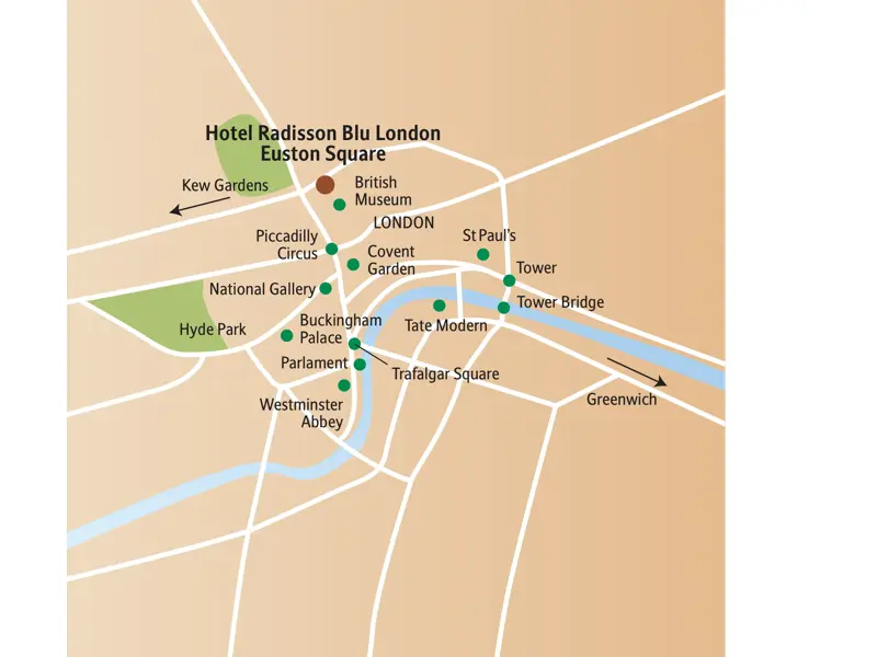 Lageplan der Studiosus-Studienreise in London mit dem Hotel Radisson Blu und Sehenswürdigkeiten wie Westminster Abbey.
