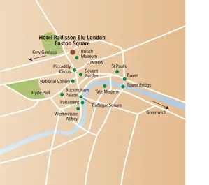Lageplan der Studiosus-Studienreise in London mit dem Hotel Radisson Blu und Sehenswürdigkeiten wie Westminster Abbey.