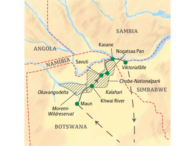 Karte der Studiosus Expedition in Botswana: Route von Maun durch Moremi & Chobe-Nationalpark zu den Viktoriafällen.