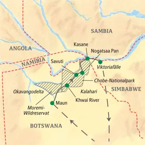 Karte der Studiosus Expedition in Botswana: Route von Maun durch Moremi & Chobe-Nationalpark zu den Viktoriafällen.