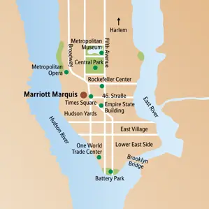 Karte der Studiosus Städtereise New York: Lage des Hotels am Times Square und Highlights wie Central Park und Brooklyn Bridge.