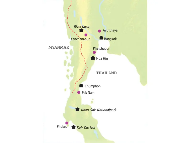 Karte der Kleingruppenreise durch Thailand: von Bangkok über den River Kwai und Khao-Sok-Nationalpark bis nach Koh Yao Noi.