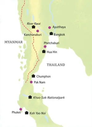 Karte der Kleingruppenreise durch Thailand: von Bangkok über den River Kwai und Khao-Sok-Nationalpark bis nach Koh Yao Noi.