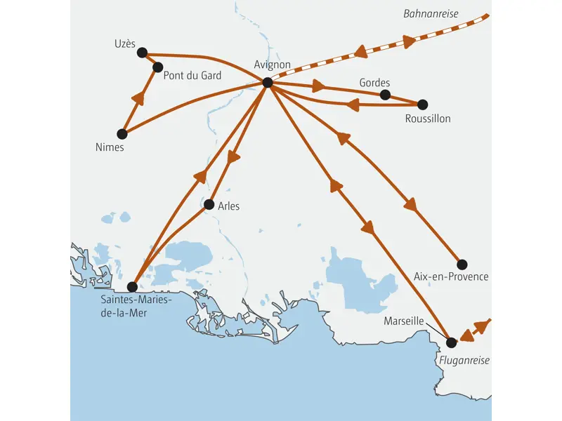 Karte der Marco Polo Rundreise in der Provence mit Standort Avignon und mit Ausflügen nach Nimes, Arles, Aix-en-Provence und in den Luberon.