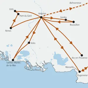 Karte der Marco Polo Rundreise in der Provence mit Standort Avignon und mit Ausflügen nach Nimes, Arles, Aix-en-Provence und in den Luberon.