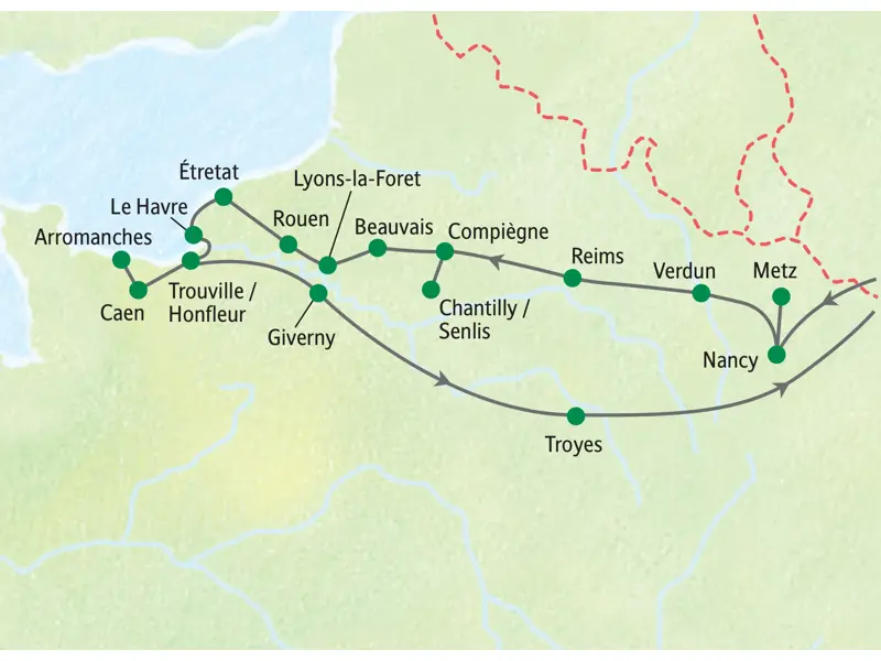 Reisekarte der Studiosus-Studienreise durch Champagne & Normandie von Nancy über Reims, Rouen, Caen und zurück via Troyes.