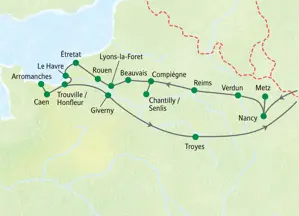 Reisekarte der Studiosus-Studienreise durch Champagne & Normandie von Nancy über Reims, Rouen, Caen und zurück via Troyes.