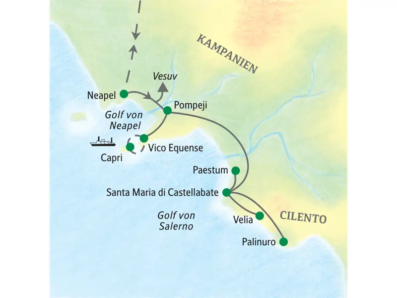 Landkarte der Studiosus Familienreise am Golf von Neapel und im Cilento mit Route von Neapel über Pompeji und Paestum.