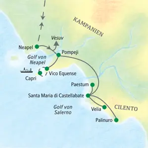 Landkarte der Studiosus Familienreise am Golf von Neapel und im Cilento mit Route von Neapel über Pompeji und Paestum.