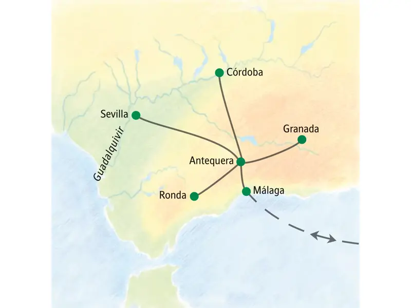 Routenkarte der Andalusien-Studienreise mit Standort in Antequera und Ausflügen nach Córdoba, Sevilla, Granada und Ronda.