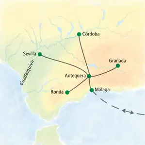 Routenkarte der Andalusien-Studienreise mit Standort in Antequera und Ausflügen nach Córdoba, Sevilla, Granada und Ronda.