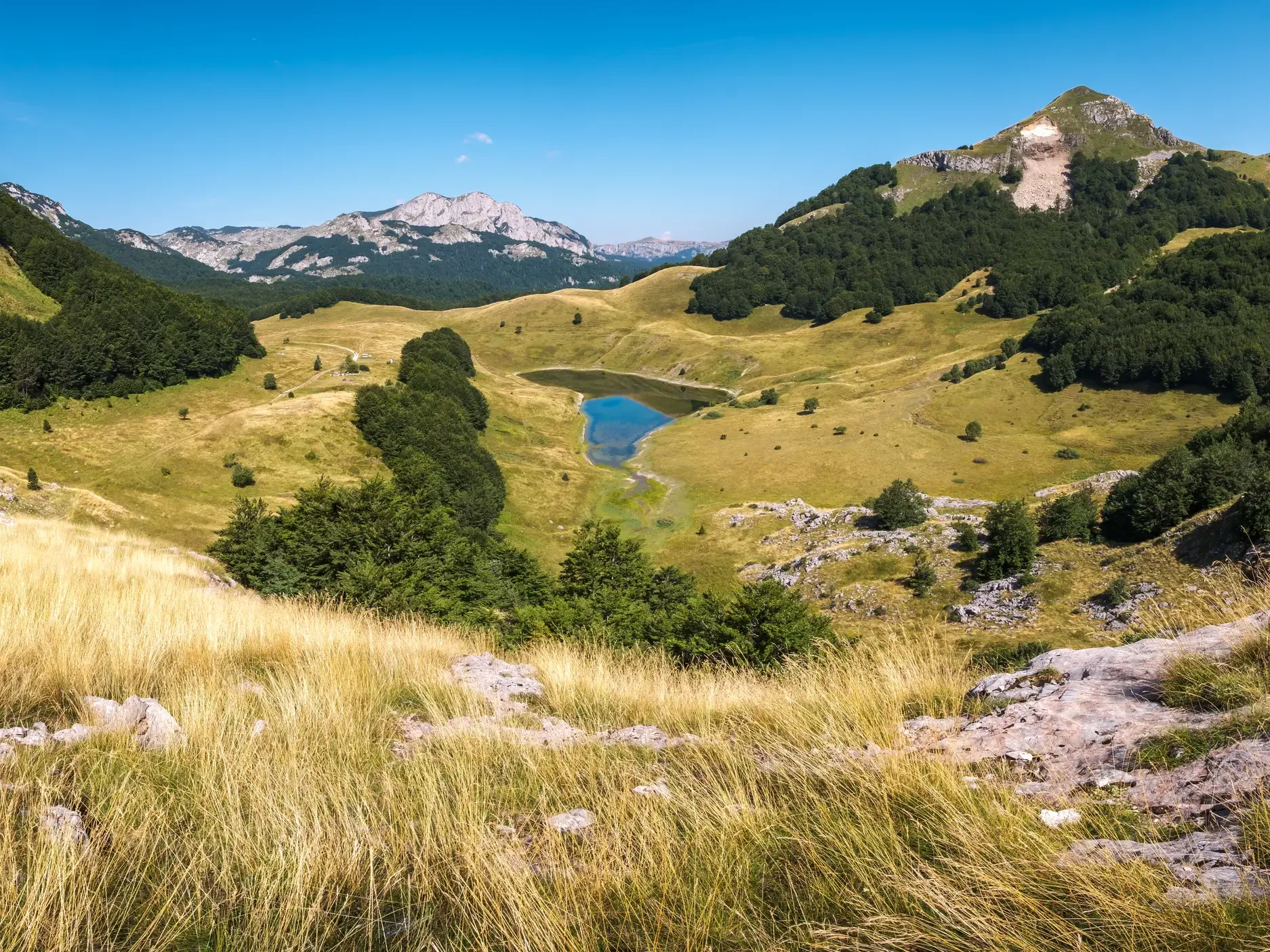 Panoramablick über eine sonnige Berglandschaft mit einem kleinen, blauen Bergsee in einem weiten, grünen Tal.