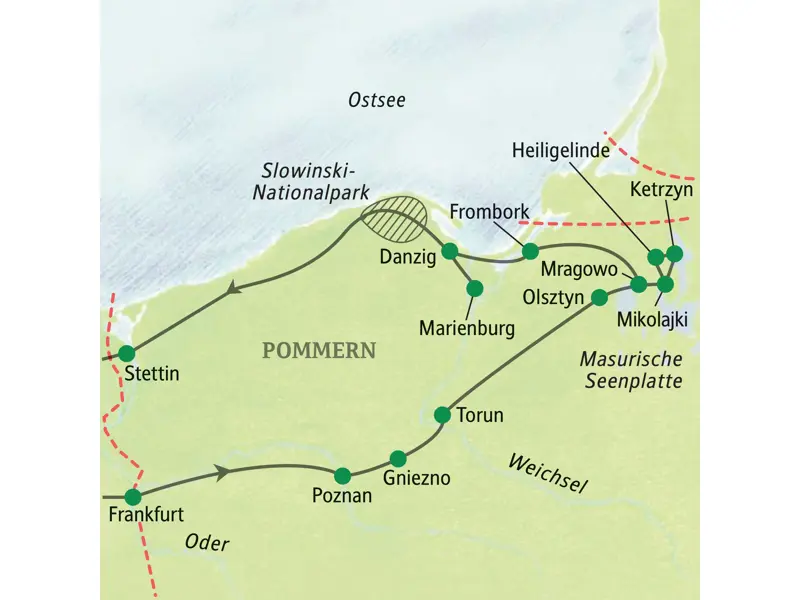 Routenkarte der Studiosus Studienreise in Polen von Poznan über Torun, die Masurische Seenplatte und Danzig nach Stettin.