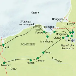 Routenkarte der Studiosus Studienreise in Polen von Poznan über Torun, die Masurische Seenplatte und Danzig nach Stettin.