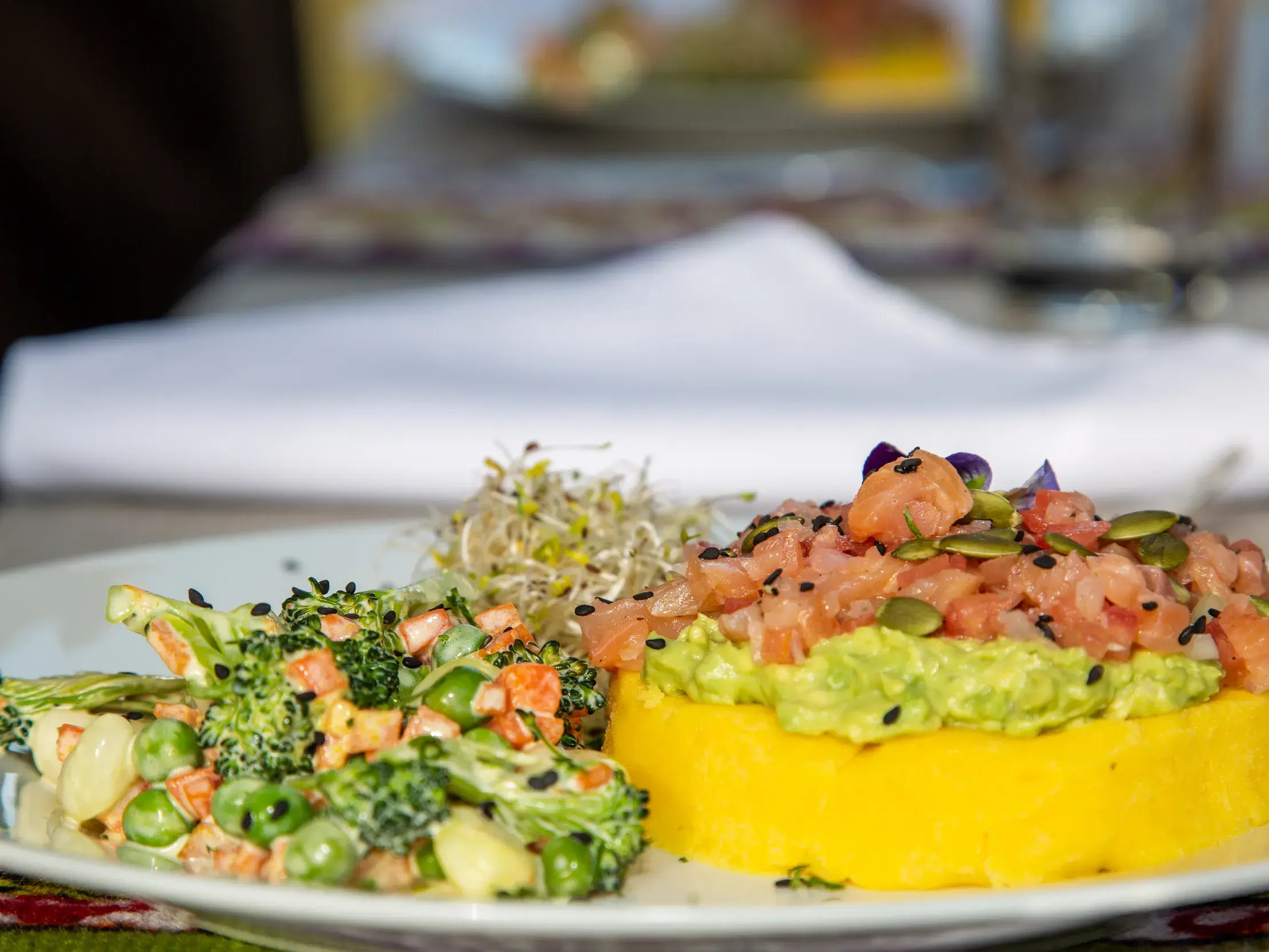 Kulinarisches Erlebnis in Peru: Causa Rellena aus Kartoffeln mit Avocado, Lachstatar und einem frischen Gemüsesalat.