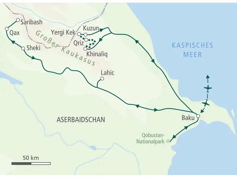 Reiseroute der Hauser Trekkingreise in Aserbaidschan: von Baku über Lahic und den Großen Kaukasus nach Qax und Sheki zurück.