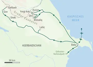 Reiseroute der Hauser Trekkingreise in Aserbaidschan: von Baku über Lahic und den Großen Kaukasus nach Qax und Sheki zurück.