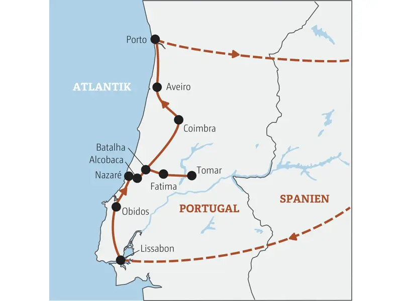 Karte der Marco Polo Rundreise in Portugal von Lissabon über Obidos, Fatima, Tomar, Coimbra und Aveiro bis nach Porto.