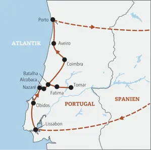 Karte der Marco Polo Rundreise in Portugal von Lissabon über Obidos, Fatima, Tomar, Coimbra und Aveiro bis nach Porto.