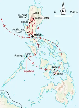 Karte der Trekkingreise auf den Philippinen: Route von Luzon mit Mt. Pulag über Bohol und Cebu bis zur Insel Coron.