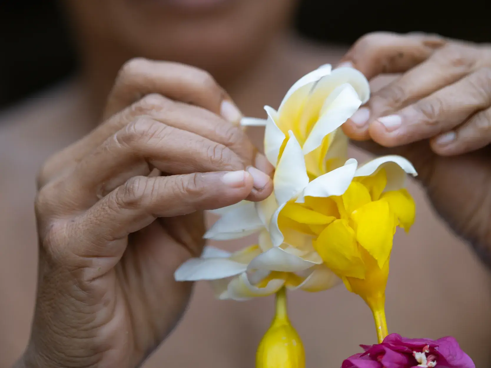 Nahaufnahme einer polynesischen Frau mit einem bunten Blumenkranz, die während einer kulturellen Begegnung in der Südsee andächtig blickt.