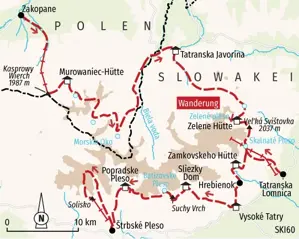 Karte der Trekkingreise durch die Hohe Tatra von Zakopane (Polen) über den Tatra Trek bis nach Štrbské Pleso in der Slowakei.