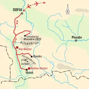 Routenkarte der Trekkingreise in Bulgarien: von Sofia durch das Rila- und Pirin-Gebirge nach Bansko, Melnik und zurück.