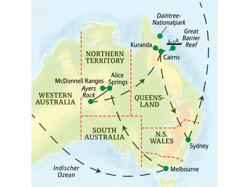 Karte der geführten Rundreise in Australien, die von Melbourne über Ayers Rock und das Great Barrier Reef bei Cairns nach Sydney führt.