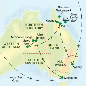Karte der geführten Rundreise in Australien, die von Melbourne über Ayers Rock und das Great Barrier Reef bei Cairns nach Sydney führt.