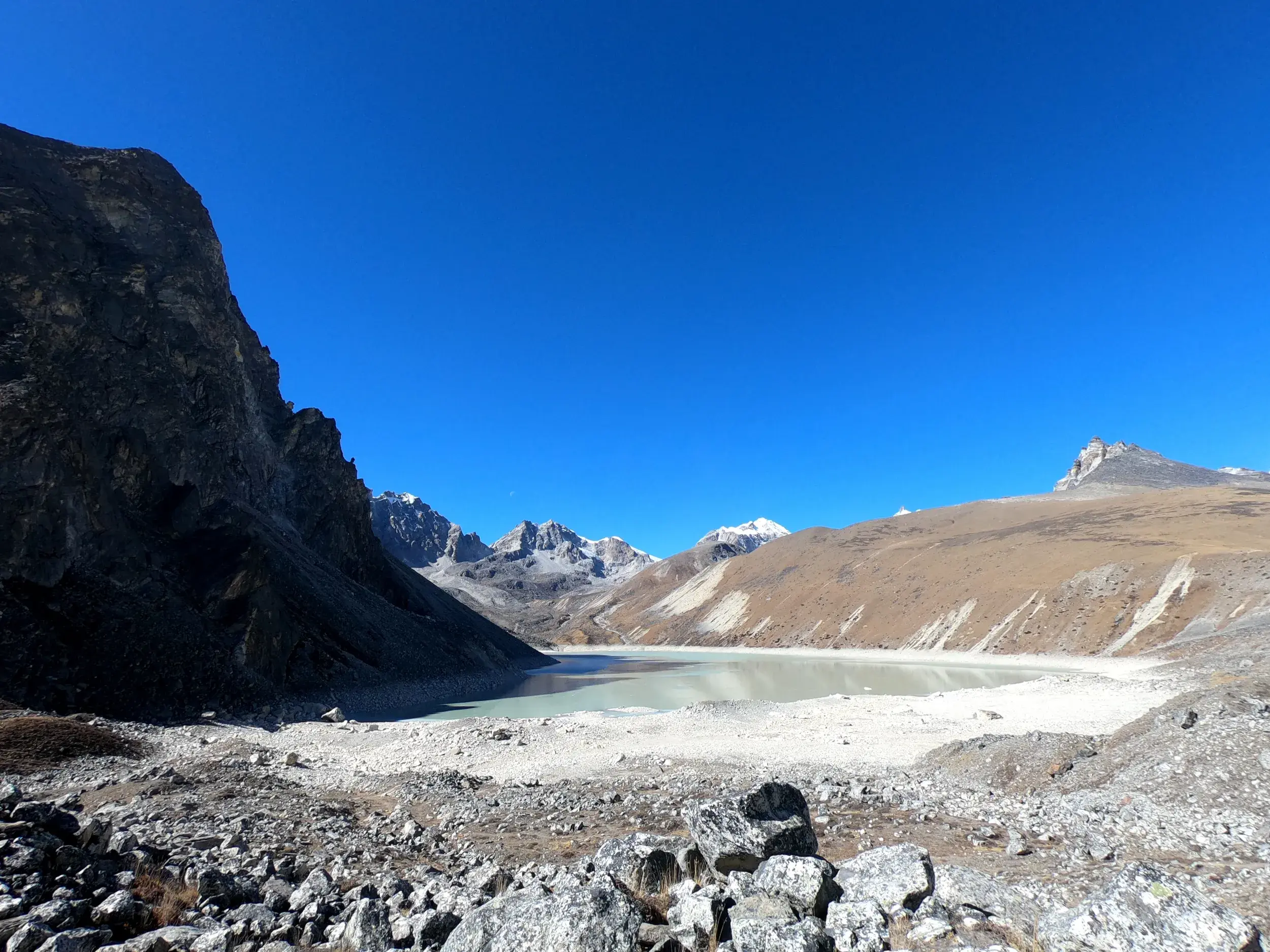 Panoramablick auf den milchigen Gokyo-See im Sagarmatha-Nationalpark, umgeben von Moränen und den Gipfeln des Himalayas.