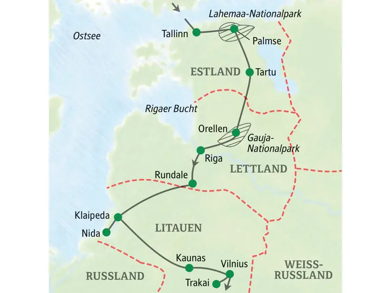 Karte der geführten Rundreise im Baltikum, die in Tallinn startet und über Riga und Klaipeda bis nach Vilnius führt.
